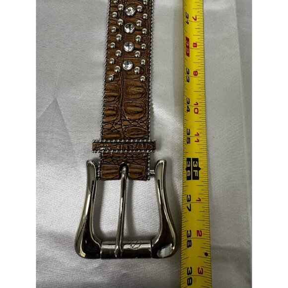 Guess Womens Rhinestone Brown Croc-Embossed Leather Belt 39 - Picture 4 of 6
